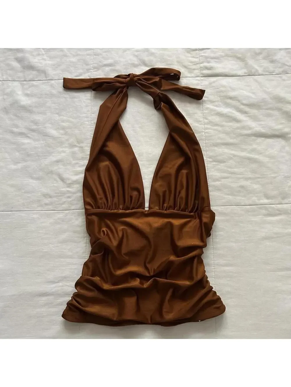 Orange Brown ruched halter neck top with tie detail Size medium - Picture 1 of 6